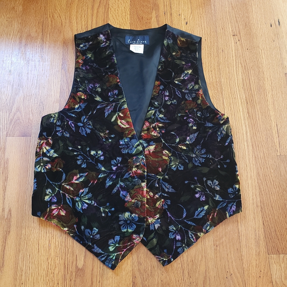 VTG VELVET 80's VEST Floral Vintage 1980's Button Up OS S-M-L